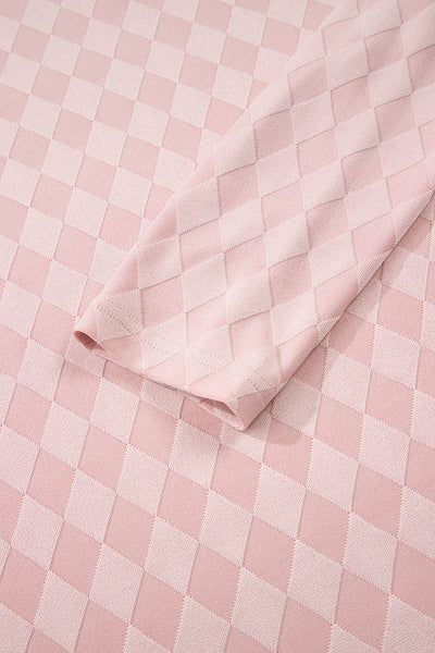 Chic Light Pink Knit Lounge Set for Women - Cozy Long Sleeve Top & Pocketed Drawstring Pants with Stylish Rhombus Design