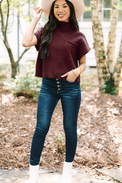 Women's Mineral Red Ribbed Knit Short Sleeve Sweater with Patch Pockets - Stylish and Comfortable Casual Top