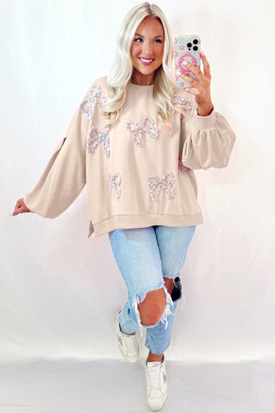 Cozy Women's Oversized Parchment Sweatshirt with Embroidered Bow & Lantern Sleeves Chic Pullover for Effortless Style