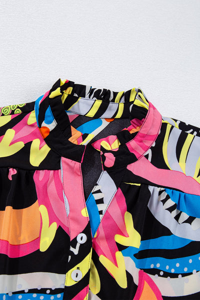 Chic Women's Black Abstract Print Blouse with Ruffled Sleeves and Buttoned V-Neck for Effortless Style