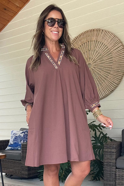 Elegant Women's Old Rose V-Neck Mini Dress with Contrast Trim & Bracelet Sleeves - Perfect Shift Style for Any Occasion