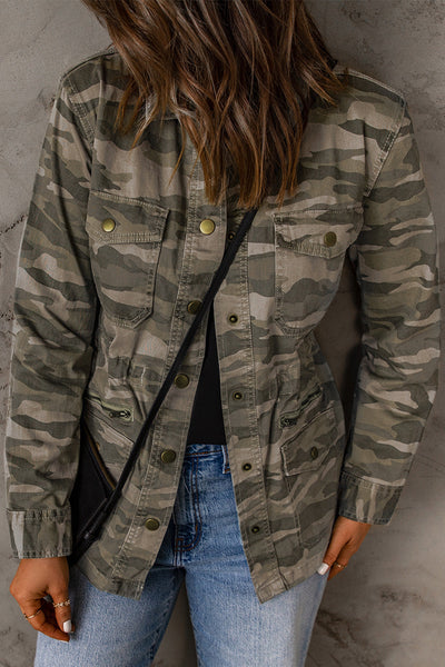 Women's Green Camouflage Print Utility Jacket with Button Closure and Multiple Pockets