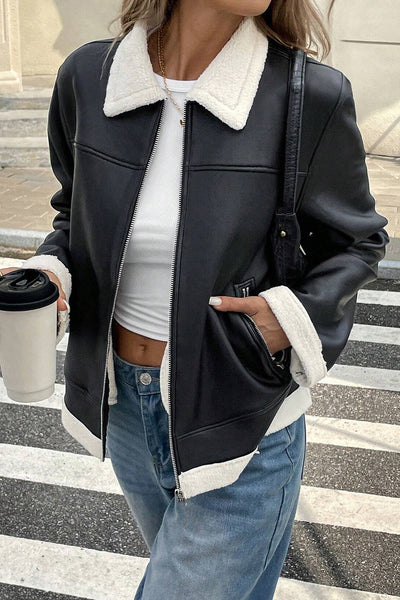 Chic Women's Black Faux Fur Trim Leather Jacket - Stylish, Warm Outerwear for Trendy Winter Fashion