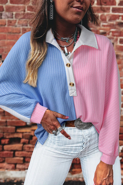 Women's Cozy Multicolor Color Block Waffle Knit Long Sleeve Top with Button Neck - Perfect for Casual Everyday Style