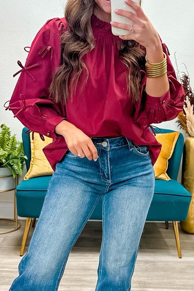 Elegant Women's Red Dahlia Long Sleeve Blouse with Frilled Neck and Bow Detail Perfect for Casual and Formal Occasions