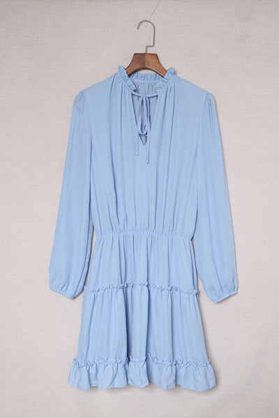 Chic Light Blue V-Neck Long Sleeve Ruffle Mini Dress for Women Ideal for Spring & Summer Events, Effortlessly Stylish