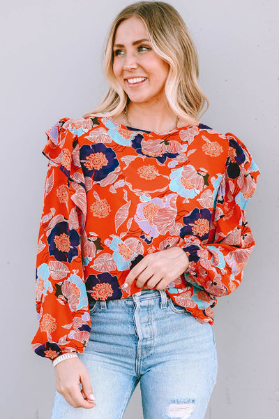 Women's Fiery Red Floral Ruffle Puff Sleeve Blouse - Chic Summer Top with Feminine Fit and Eye-Catching Design