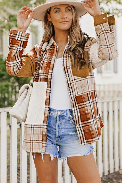 Women's Casual Orange Plaid Color Block Shirt Jacket with Pocket - Versatile Layering Piece for All Seasons