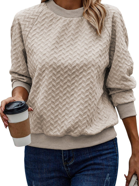 Cozy Beige Quilted Texture Pullover with Raglan Sleeves