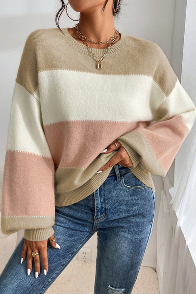 Cozy Dusty Pink Color Block Sweater for Women with Lantern Sleeves & Drop Shoulders - Chic Knitwear for Any Occasion