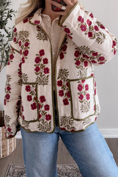 Cozy Women's Red Floral Quilted Winter Jacket with Contrast Trim - Stylish Outerwear for Cold Weather Adventures made for easy styling and wardrobe