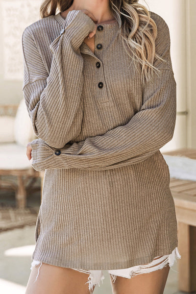 Women's Casual Pale Khaki Ribbed Long Sleeve Henley Top - Stylish Knit Shirt with Comfortable Fit for Everyday Wear
