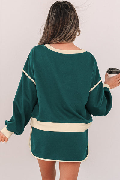 Chic Women's Evergreen Color Block Pullover & Lace-Up Waist Skort Set - Casual, Comfortable Everyday Outfit
