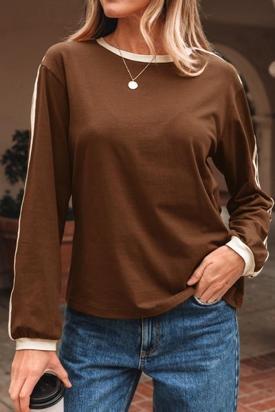 Women's Varsity Stripe Long Sleeve Cotton-Elastane Tee in Espresso