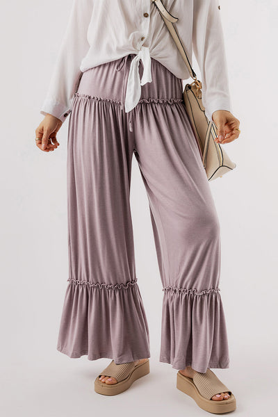 Women's Mauve Tiered Frill Wide-Leg Pants with Drawstring