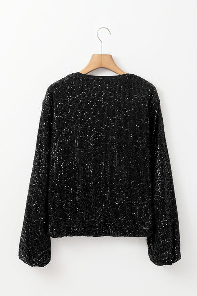 Chic Women's Black Sequin Zip-Up Jacket with Round Neck and Long Sleeves for Glamorous Night Out Fashion