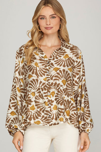 Women's Trendy Khaki Floral Print Long Sleeve Shirt with Ruffle Hem - Chic Style for Everyday Casual Outfits