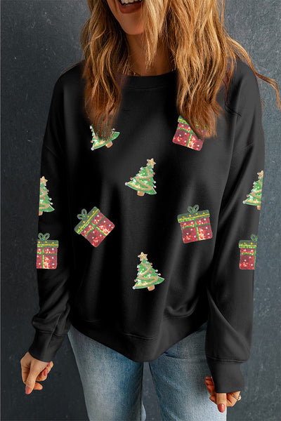 Women's Black Sequin Christmas Tree Sweatshirt with Drop Shoulders