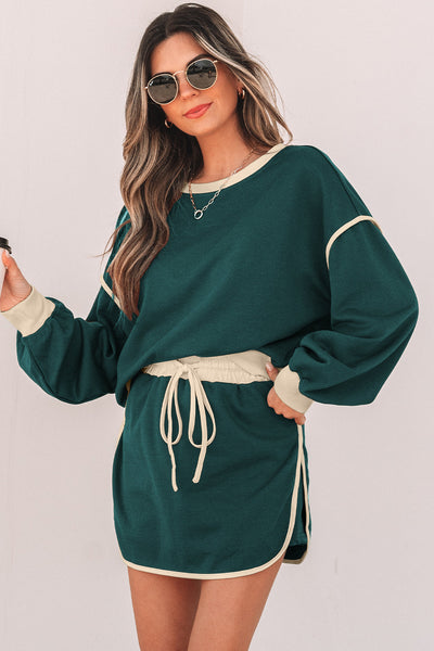 Chic Women's Evergreen Color Block Pullover & Lace-Up Waist Skort Set - Casual, Comfortable Everyday Outfit