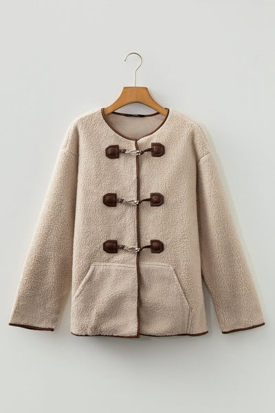 Women's Apricot Faux Shearling Toggle Coat with Contrast Piping