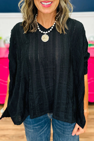 Chic Women's Black Lace Striped 3/4 Sleeve Dolman Blouse - Trendy, Comfortable Style for Every Occasion