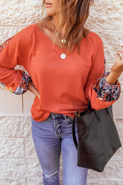 Cozy Women's Orange Eyelet Knit Pullover - Long Sleeve Thermal Top for Casual Fall Fashion