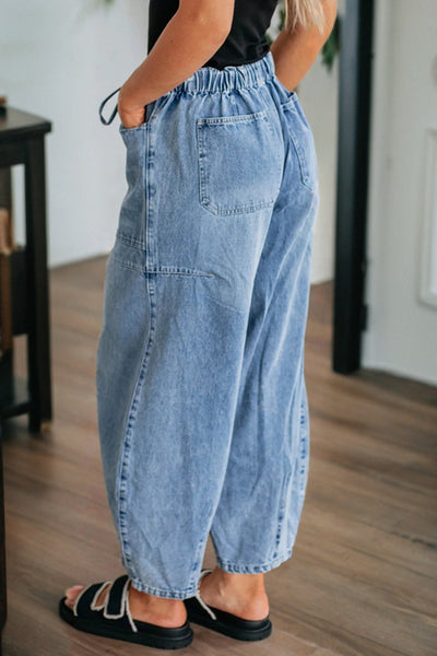 High-Waisted Cotton Blend Barrel Jeans in Medium Blue with practical styling and dependable silhouette control.