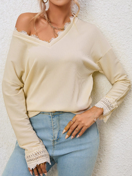 Women's Lace-Trimmed Ribbed V-Neck Blouse with Bell Sleeves