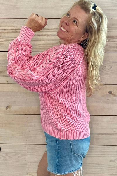 Cozy Women's Pink Cable Knit Sweater - Loose Fit Raglan Top for Everyday Comfort and Stylish Casual Wear