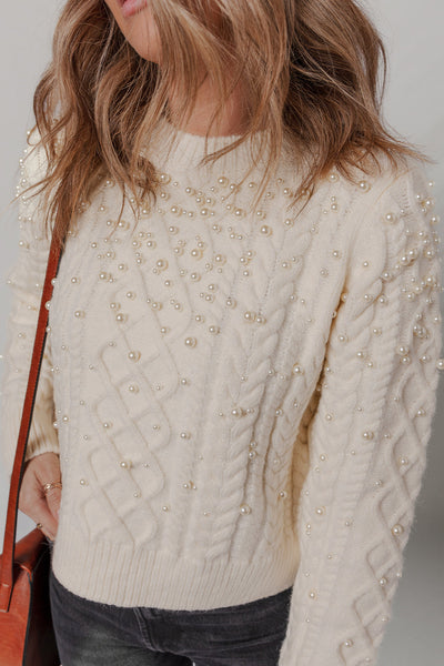 Beige Women's Cozy Cable Knit Sweater with Pearl Details - Chic Fall & Winter Essential for Effortless Style