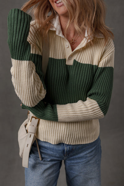 Women's Blackish Green Color Block Ribbed Knit Sweater with Shirt Collar - Slim Fit Stylish Top