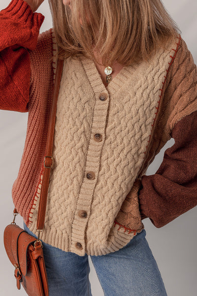 Cozy Women's Light Beige Color Block V-Neck Cardigan Sweater with Textured Fabric and Button Accents for Chic Comfort