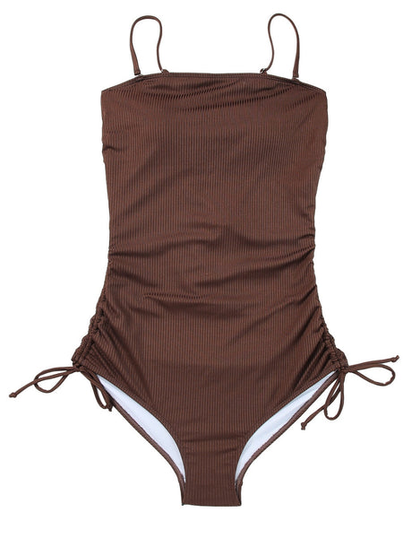 Ribbed Coffee Boho Drawstring Monokini Swimsuit