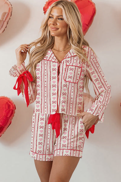 Romantic Women's Red Heart Print Pajama Set with Bow Detail - Cozy 2-Piece Sleepwear for Sweet Dreams