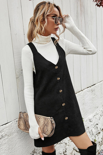 Trendy Women's Black Sleeveless Corduroy Mini Dress with V-Neck and Button Front Perfect for Casual and Evening Wear