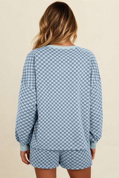 Women's Sky Blue Checkerboard Long Sleeve Top and Shorts Set with practical styling and dependable silhouette control.