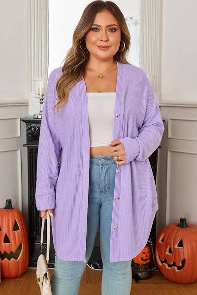 Plus Size Women's Cozy Orchid Petal Waffle Knit Cardigan - Stylish Button Front Layer for Effortless Comfort
