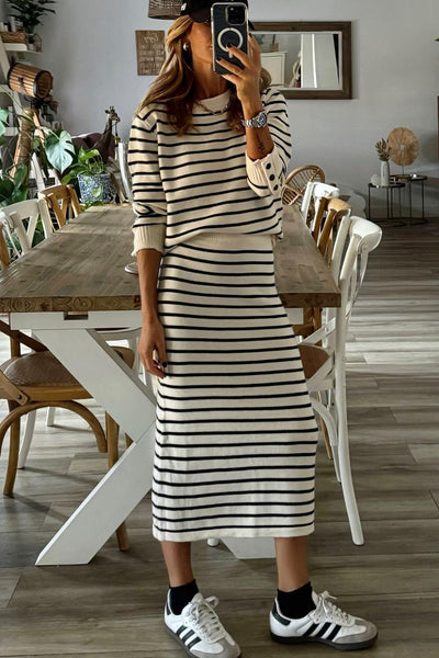 Trendy Women's Black Stripe Ribbed Long Sleeve Top and Midi Skirt Set with Button Cuffs - Stylish 2-Piece Ensemble