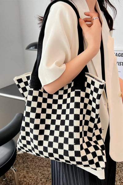 Women's Black and White Checkered Knit Shoulder Tote Bag