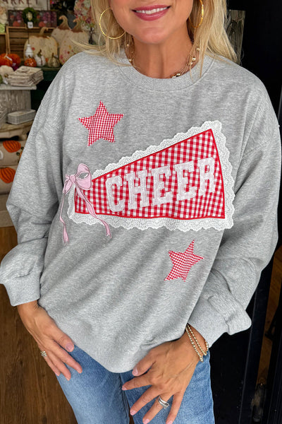 Light Grey Lace Plaid CHEER Graphic Sweatshirt for Women - Cozy and Trendy Casual Wear, Perfect for Everyday Style