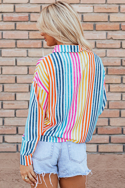 Trendy Women's Orange Striped Loose-Fit Drop Shoulder Shirt - Casual Multicolor Top for Effortless Everyday Style