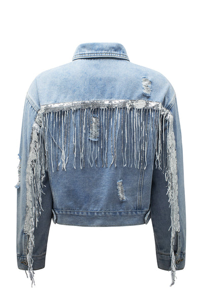 Women's Sky Blue Sequin Fringe Distressed Denim Jacket