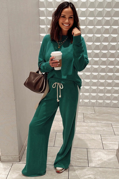 Women's Sea Green Pullover and Varsity Stripe Drawstring Pants Set - Comfy Casual Loungewear for Relaxed Style