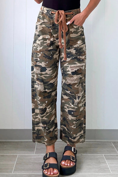 Trendy Women's Green Camouflage Distressed Denim Pants - Casual Loose Fit for Effortless Everyday Style