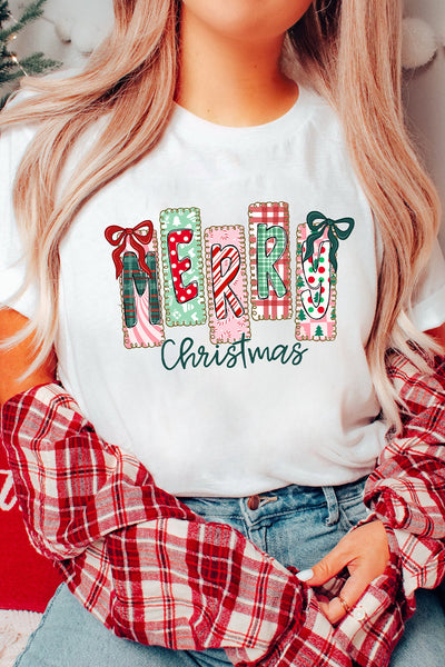 Women's Merry Christmas Patchwork Graphic Tee Shirt