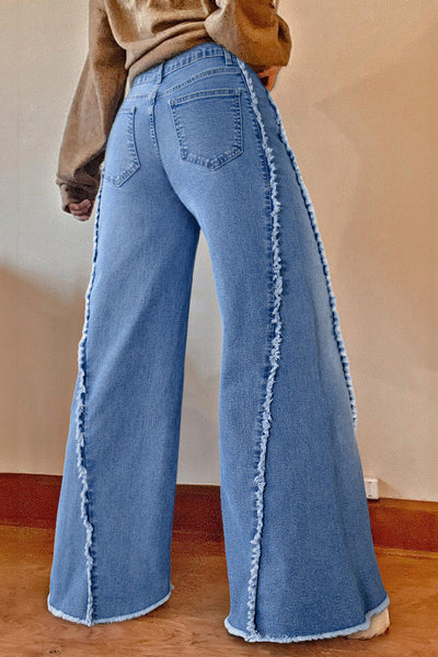 Beau Blue Women's Vintage Flared Jeans in Chic Raw Hem with Unique Stitching for Effortless Casual Style