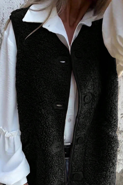 Cozy Women's Black Plush Teddy Vest with V-Neck and Button Front - Perfect Layering Piece for Winter Fashion