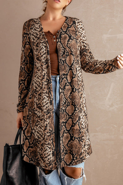 Women's Brown Snake Print Longline Slim Blazer with Lapel