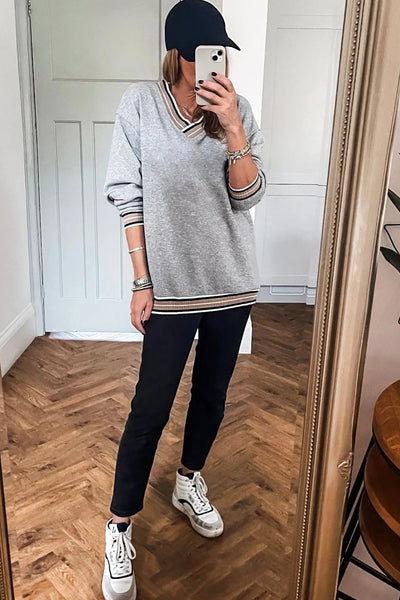 Trendy Women's Gray Varsity V-Neck Sweatshirt with Striped Trim - Stylish and Comfortable for Everyday Casual Wear