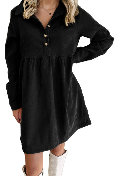 Stylish Women's Black Corduroy Mini Dress with Half Button Collar & Long Sleeves Versatile for Every Occasion